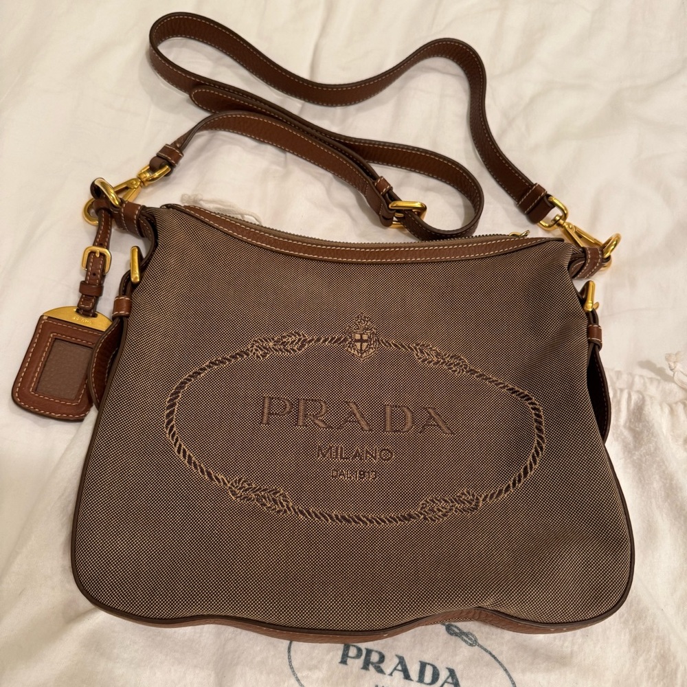 Prada Brown Canvas Jacquard Logo Crossbody Bag